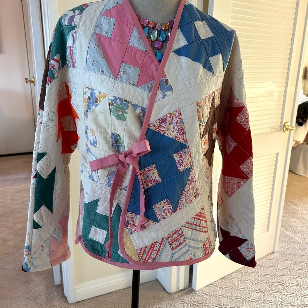 Vintage Quilt Cardigan with Tie Closure